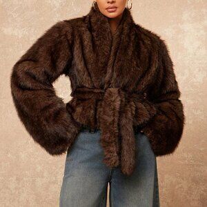 Coffee Brown Casual Women's Faux Fur Coat